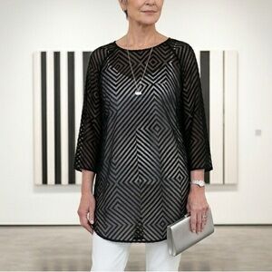 Chico's Black Label Black Silk Rayon Burnout Sheer Black Popover Tunic SZ 0 XS